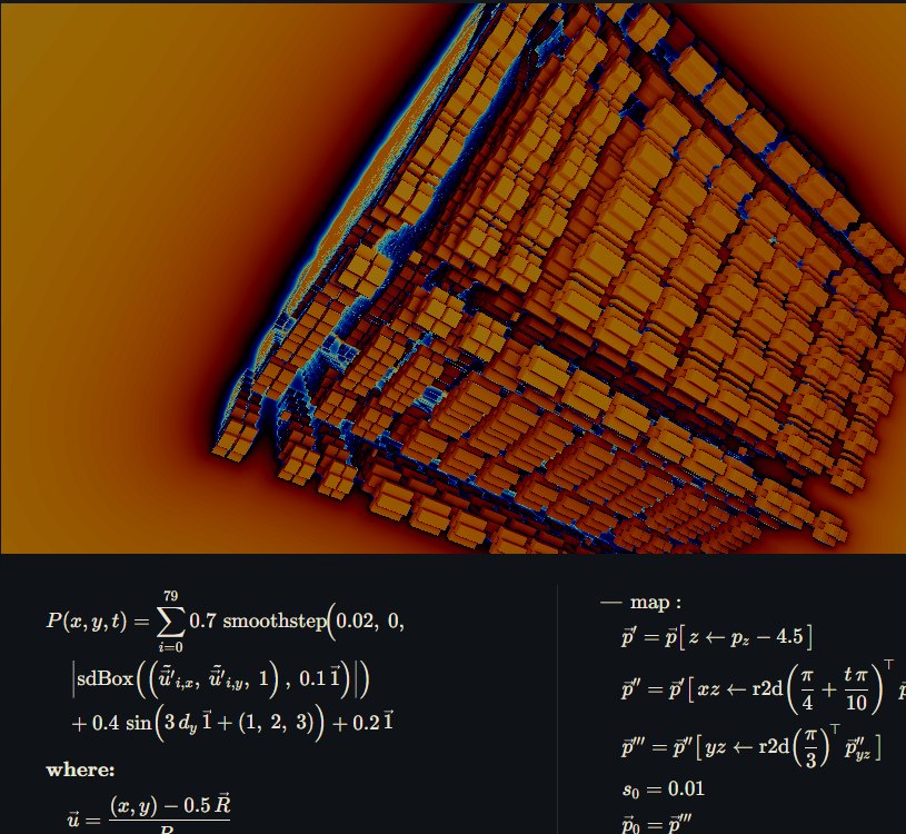 GLSL to Math — a fractal raymarcher beside its typeset closed-form equation